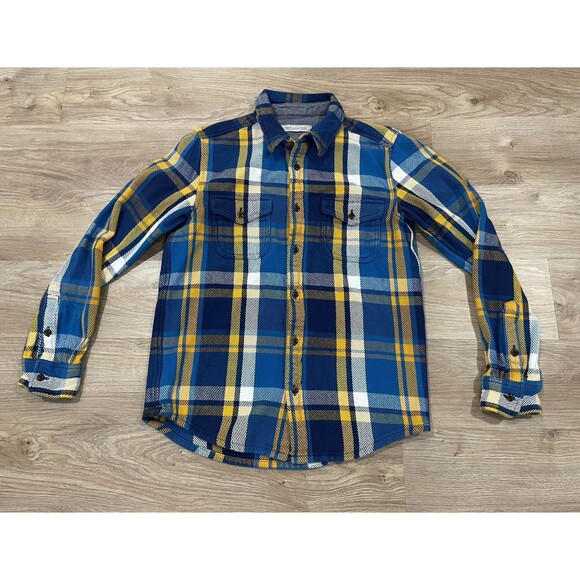 Outerknown Blanket Shirt Jacket Button Up Flannel Blue Yellow Plaid Men's Small - Picture 1 of 8